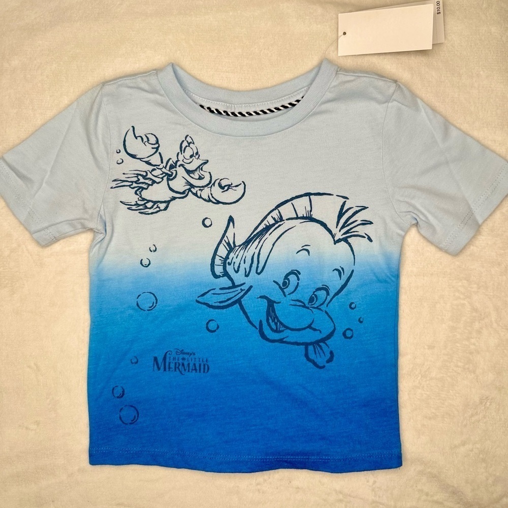 Disney Little Mermaid Blue T-Shirt Short Sleeve Flounder And Sebastian 3T 4T - Picture 4 of 4